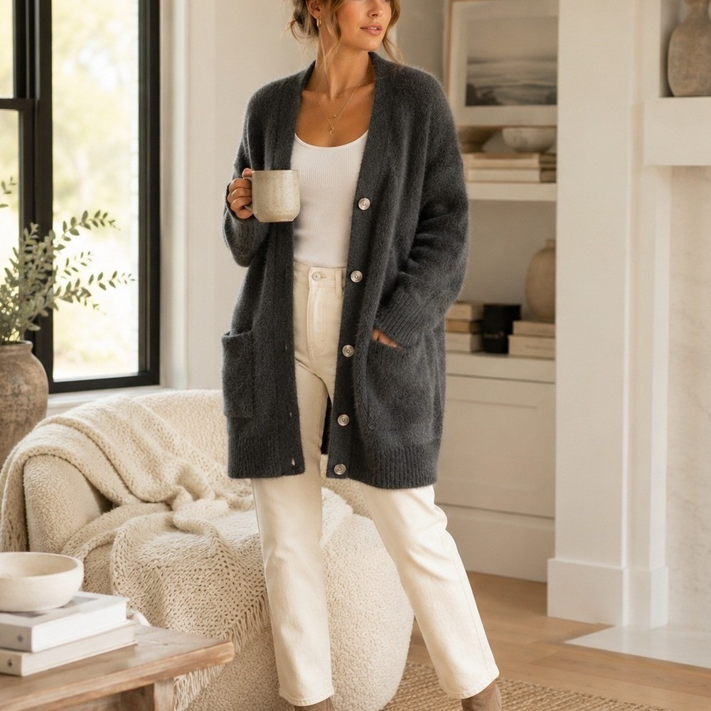 Calia‎ Fuzzy Oversized Button Front Cardigan Gray Womens Small Cozy Sweater